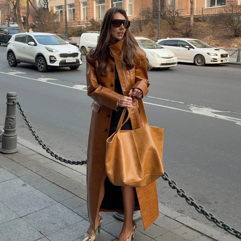 Brown Croc Embossed Faux Leather Long Trench Coat Lapel Single Breasted Straight Long Front Pockets Women Vintage Autumn Winter