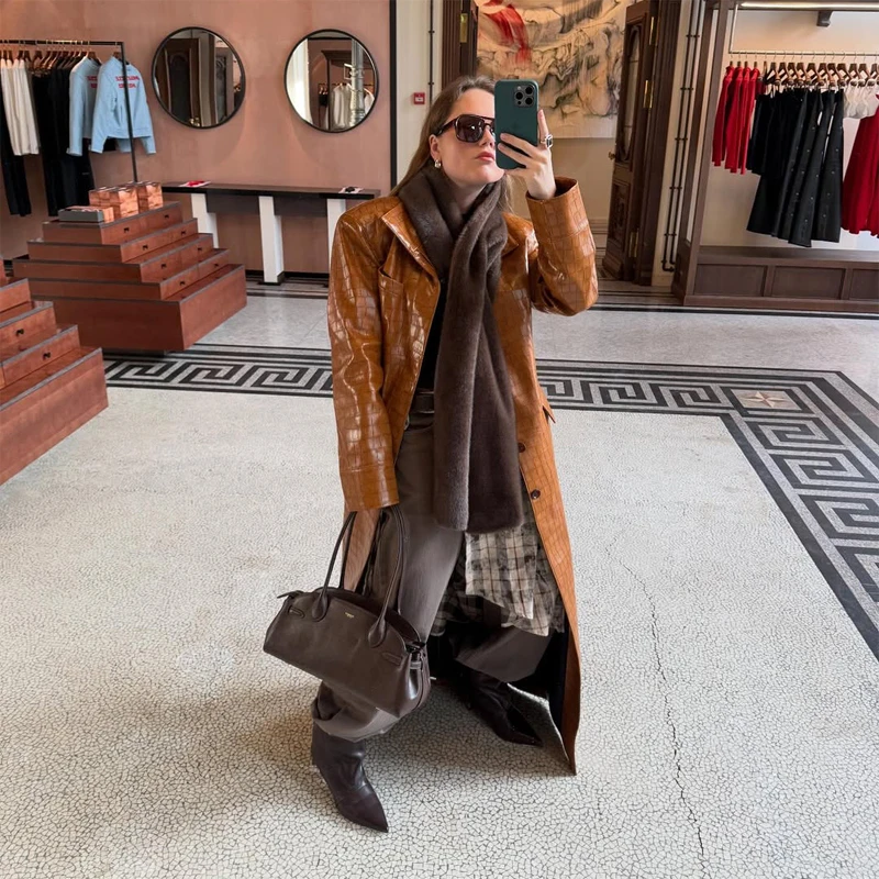 Brown Croc Embossed Faux Leather Long Trench Coat Lapel Single Breasted Straight Long Front Pockets Women Vintage Autumn Winter