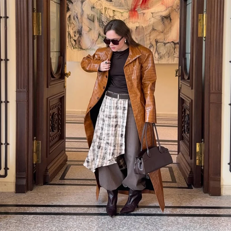 Brown Croc Embossed Faux Leather Long Trench Coat Lapel Single Breasted Straight Long Front Pockets Women Vintage Autumn Winter