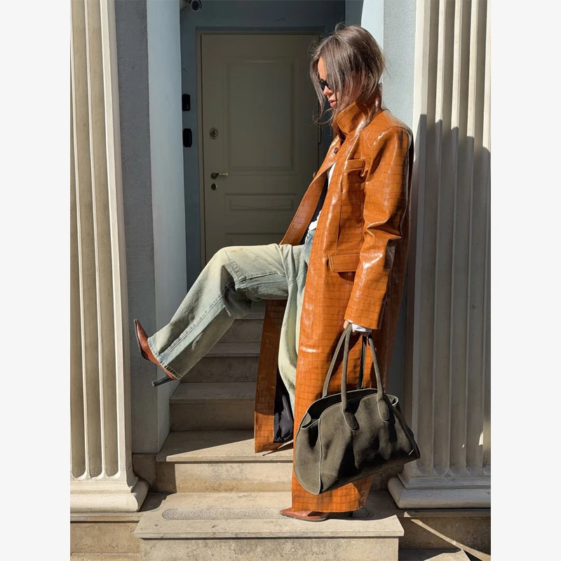 Brown Croc Embossed Faux Leather Long Trench Coat Lapel Single Breasted Straight Long Front Pockets Women Vintage Autumn Winter