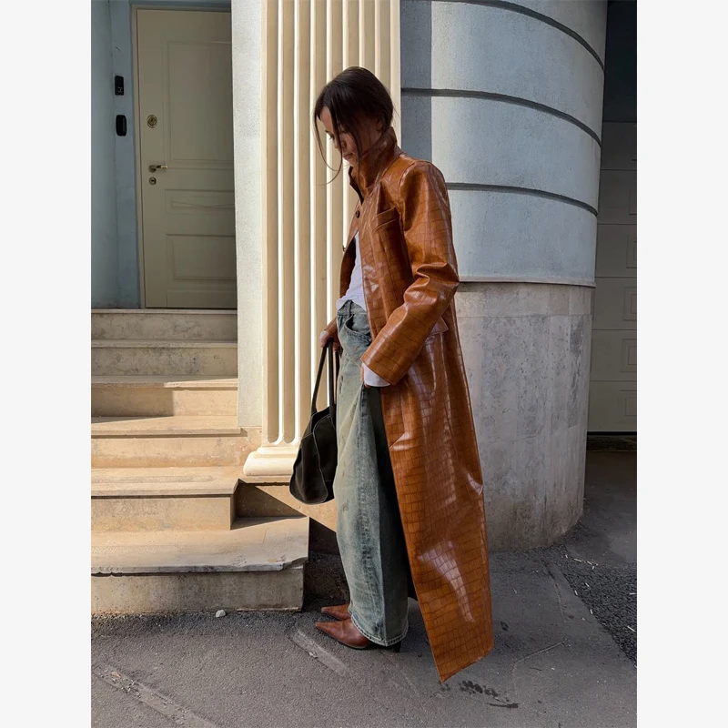 Brown Croc Embossed Faux Leather Long Trench Coat Lapel Single Breasted Straight Long Front Pockets Women Vintage Autumn Winter