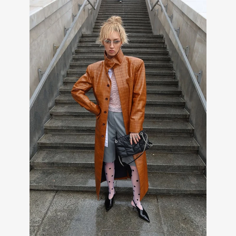 Brown Croc Embossed Faux Leather Long Trench Coat Lapel Single Breasted Straight Long Front Pockets Women Vintage Autumn Winter