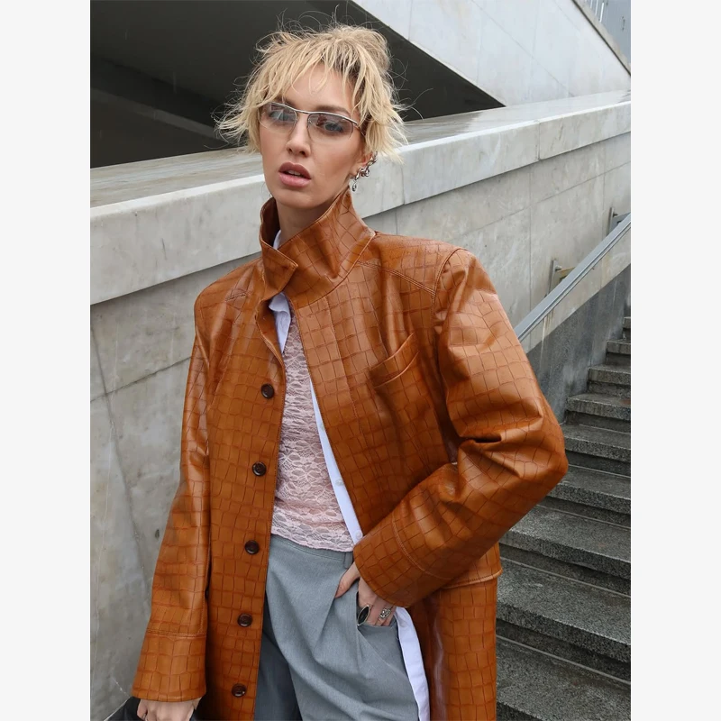 Brown Croc Embossed Faux Leather Long Trench Coat Lapel Single Breasted Straight Long Front Pockets Women Vintage Autumn Winter