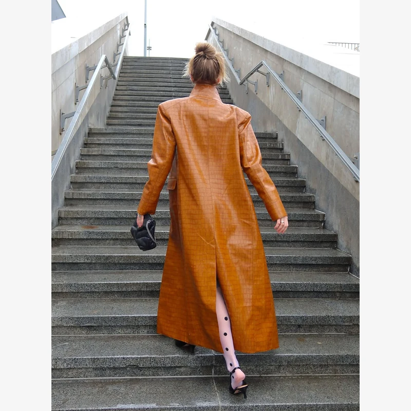 Brown Croc Embossed Faux Leather Long Trench Coat Lapel Single Breasted Straight Long Front Pockets Women Vintage Autumn Winter