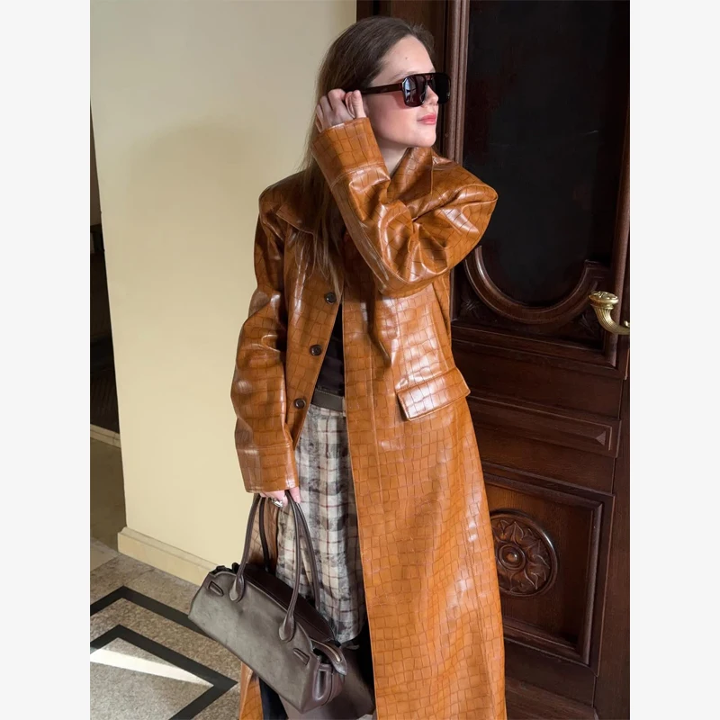 Brown Croc Embossed Faux Leather Long Trench Coat Lapel Single Breasted Straight Long Front Pockets Women Vintage Autumn Winter