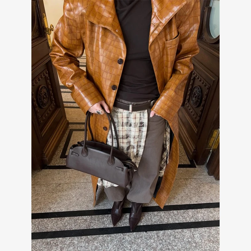 Brown Croc Embossed Faux Leather Long Trench Coat Lapel Single Breasted Straight Long Front Pockets Women Vintage Autumn Winter
