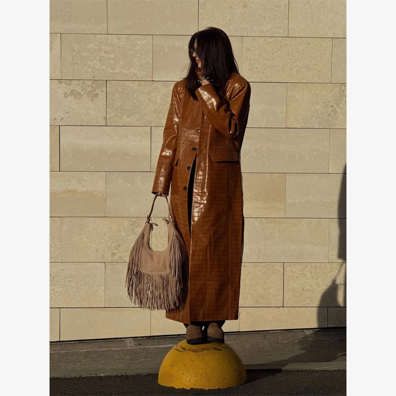 Brown Croc Embossed Faux Leather Long Trench Coat Lapel Single Breasted Straight Long Front Pockets Women Vintage Autumn Winter