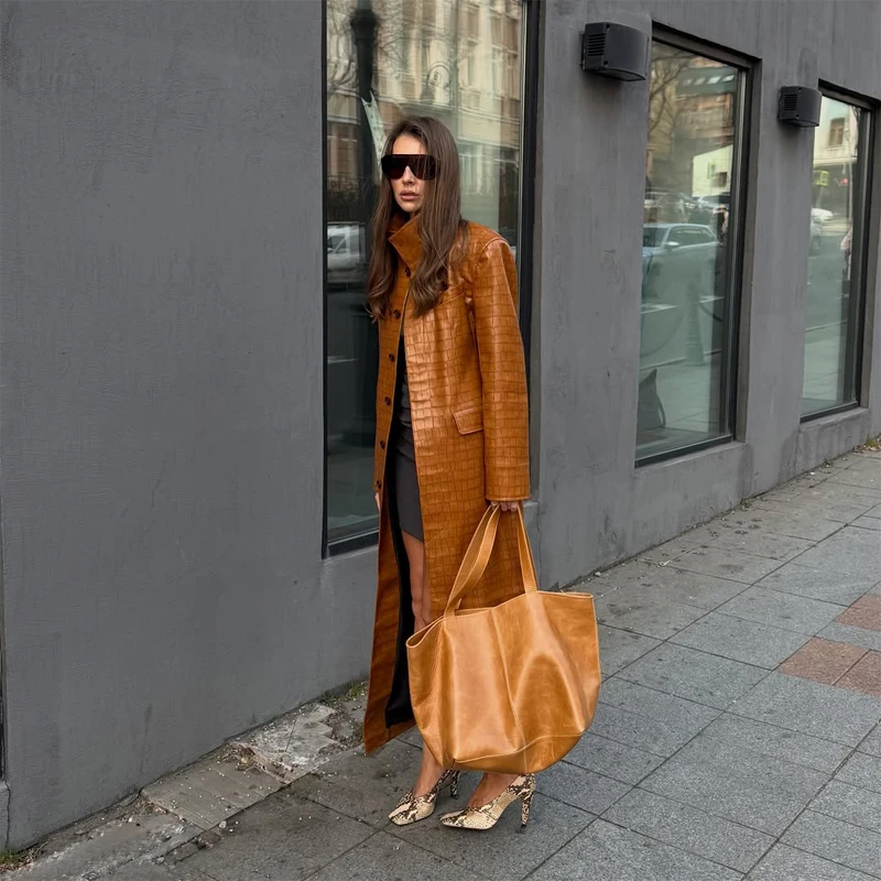 Brown Croc Embossed Faux Leather Long Trench Coat Lapel Single Breasted Straight Long Front Pockets Women Vintage Autumn Winter