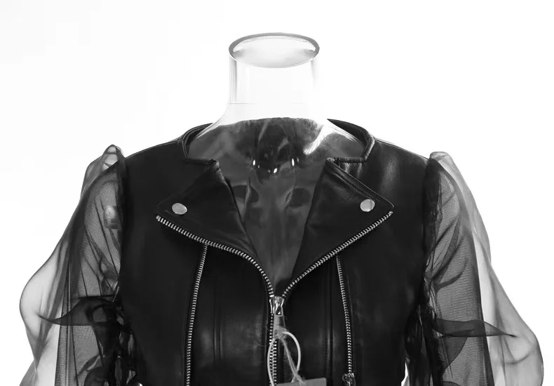 Short Coat Women Organza Bubble Sleeved Ruffled Fashion Leather Jacket Streetwear Retro Y2k Black Faux   Autumn