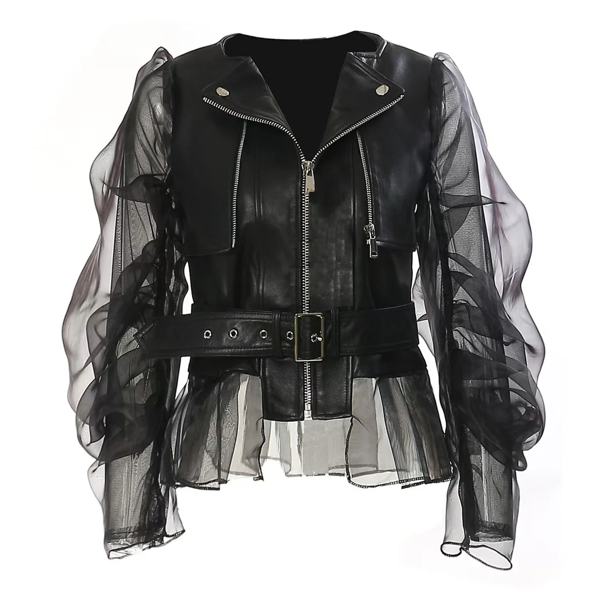 Short Coat Women Organza Bubble Sleeved Ruffled Fashion Leather Jacket Streetwear Retro Y2k Black Faux   Autumn