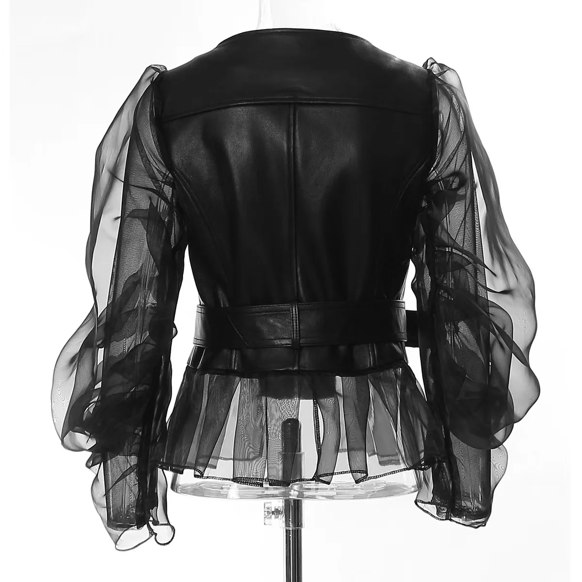 Short Coat Women Organza Bubble Sleeved Ruffled Fashion Leather Jacket Streetwear Retro Y2k Black Faux   Autumn