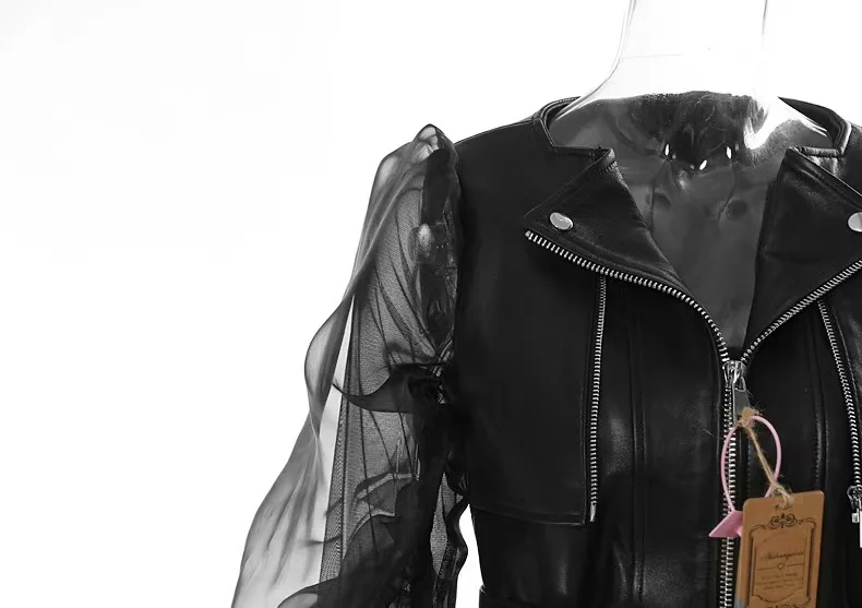 Short Coat Women Organza Bubble Sleeved Ruffled Fashion Leather Jacket Streetwear Retro Y2k Black Faux   Autumn