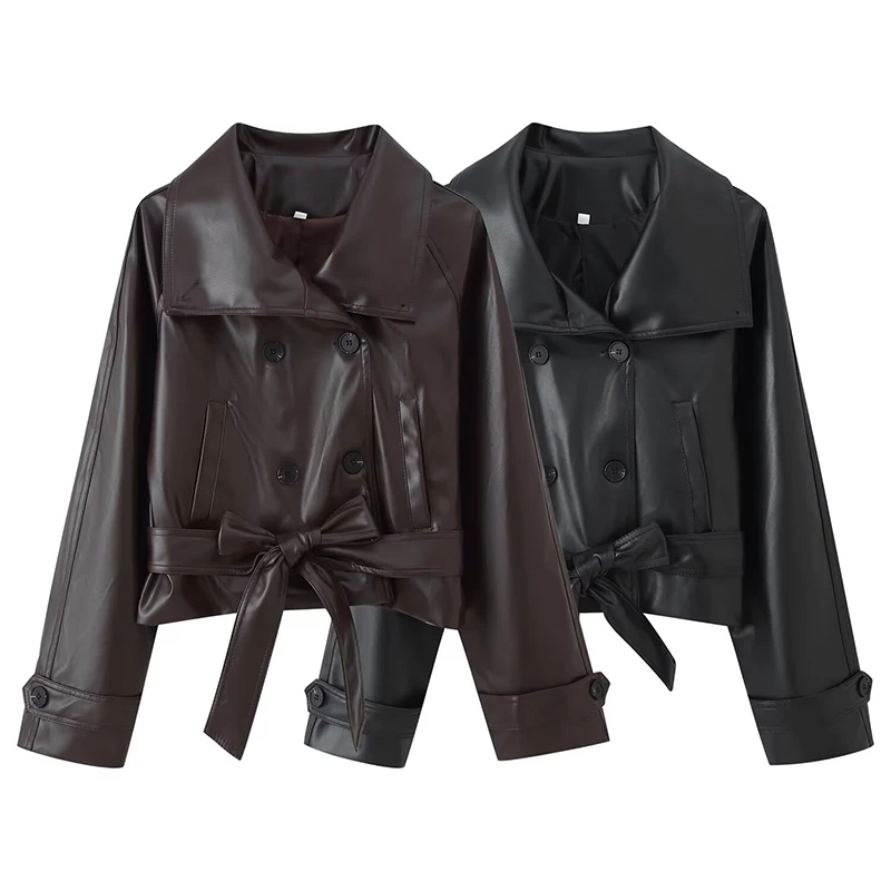 Willshela Women Fashion With Belt PU Solid Double Breasted Jackets Vintage Lapel Neck Long Sleeves Female Chic Lady Outfits