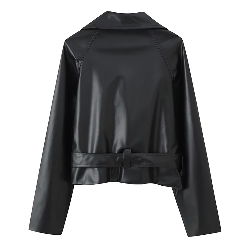 Willshela Women Fashion With Belt PU Solid Double Breasted Jackets Vintage Lapel Neck Long Sleeves Female Chic Lady Outfits
