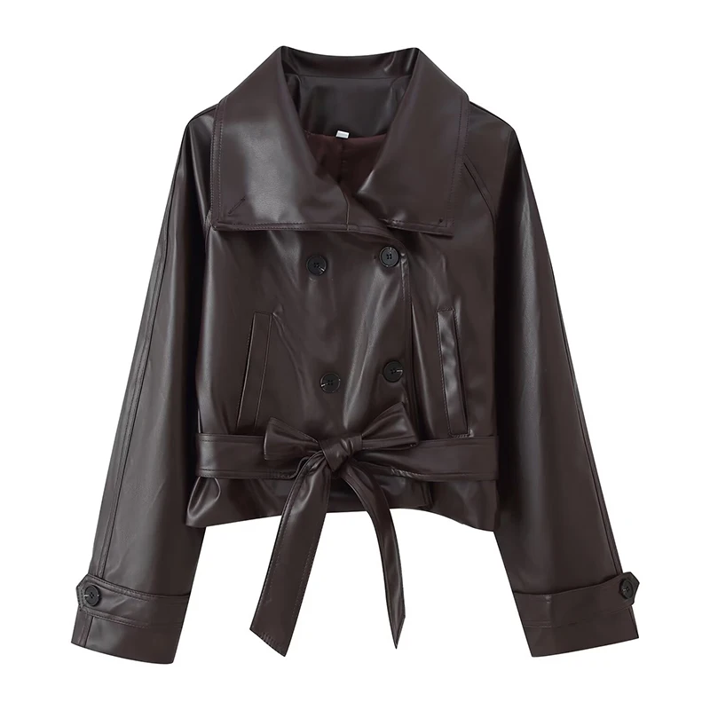 Willshela Women Fashion With Belt PU Solid Double Breasted Jackets Vintage Lapel Neck Long Sleeves Female Chic Lady Outfits
