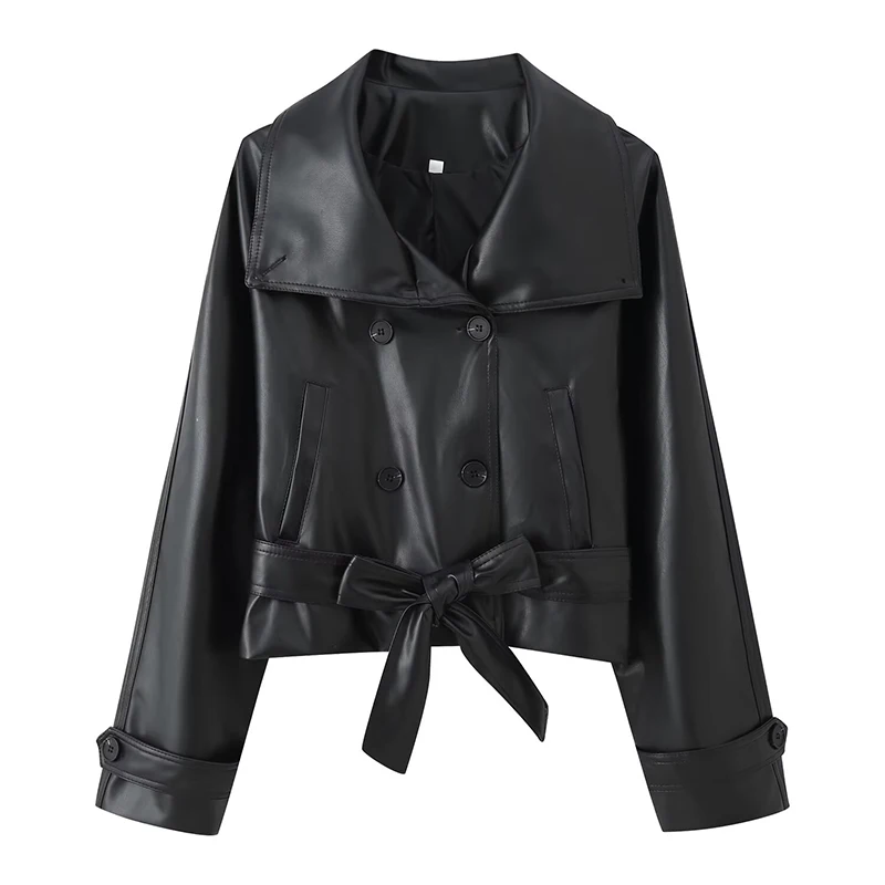 Willshela Women Fashion With Belt PU Solid Double Breasted Jackets Vintage Lapel Neck Long Sleeves Female Chic Lady Outfits