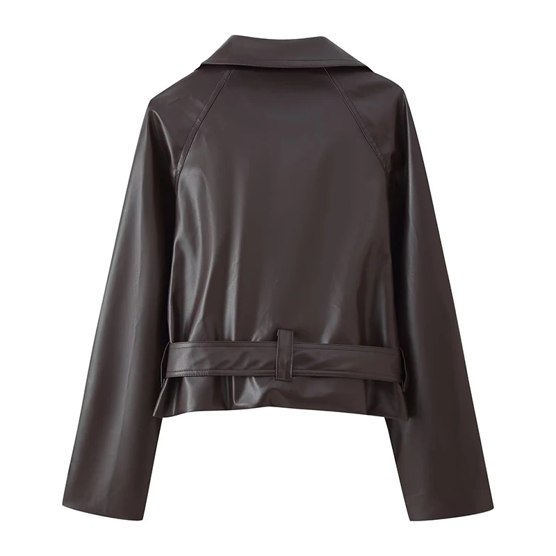 Willshela Women Fashion With Belt PU Solid Double Breasted Jackets Vintage Lapel Neck Long Sleeves Female Chic Lady Outfits
