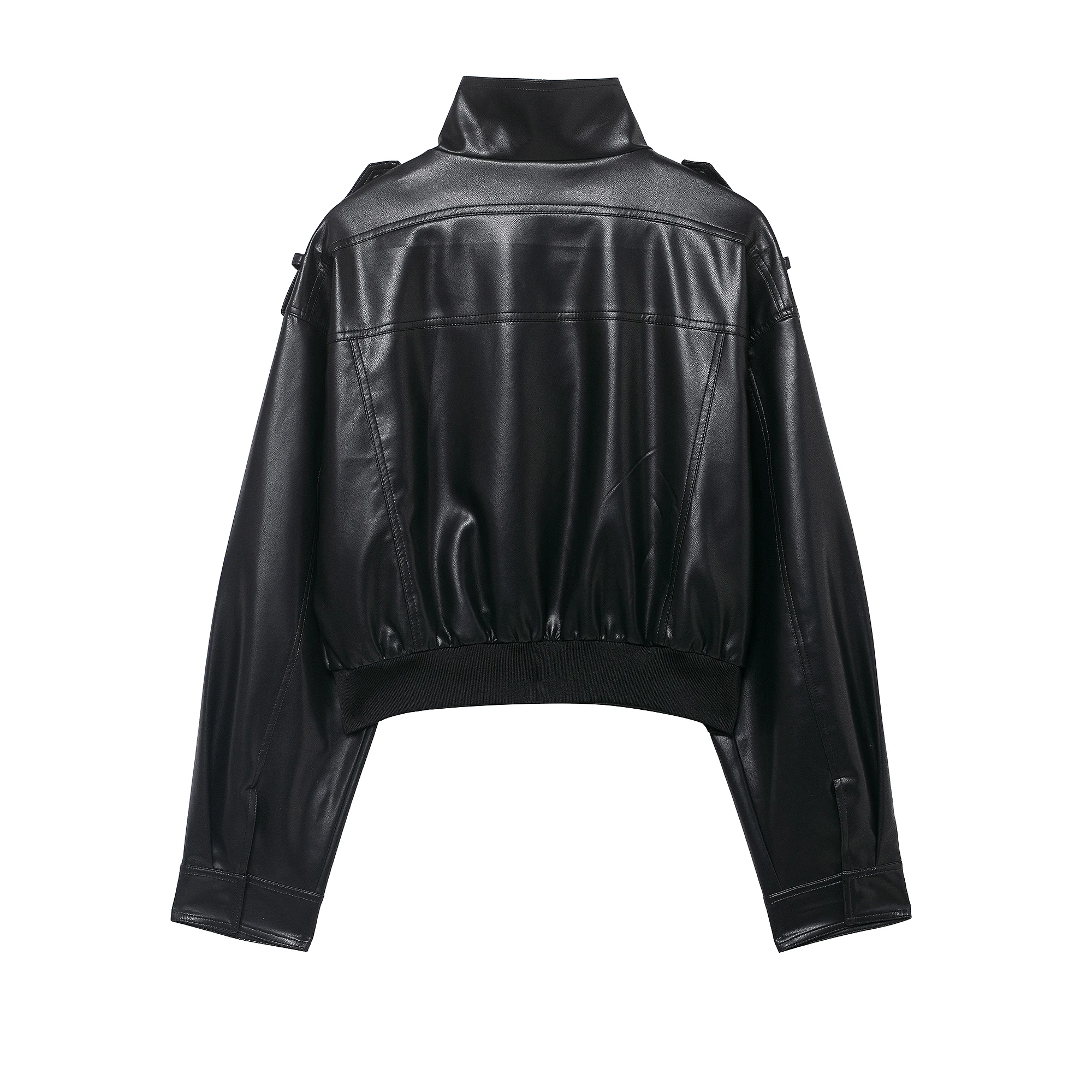 DUOPERI Women's Fashion With Pockets PU Black Jackets High Street High Neck Long Sleeves Coats Female Elegant Chic Lady Outfits