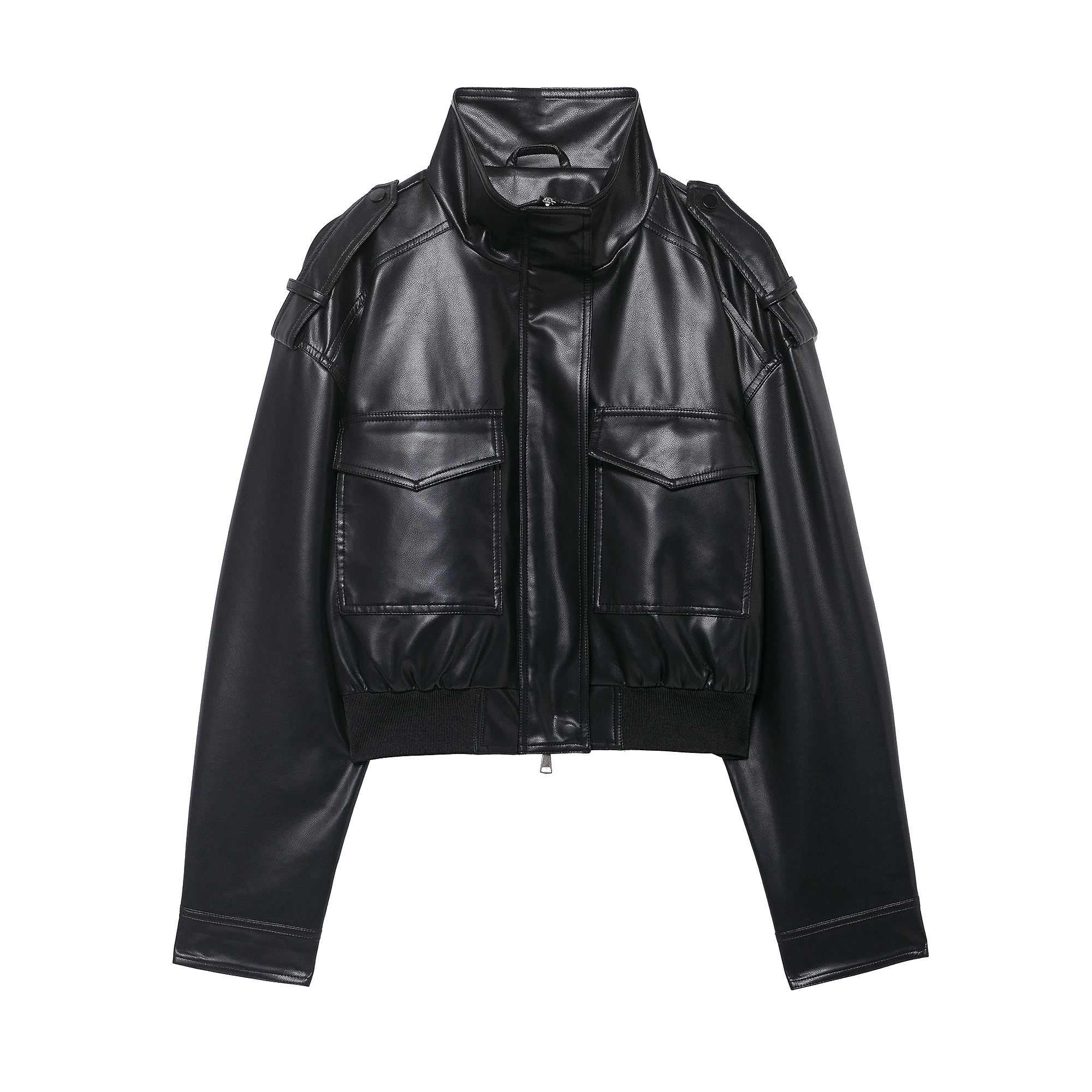 DUOPERI Women's Fashion With Pockets PU Black Jackets High Street High Neck Long Sleeves Coats Female Elegant Chic Lady Outfits