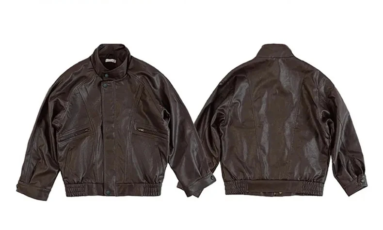 Lautaro Autumn Cool Brown Oversized Leather Jacket Women Drop Shoulder Long Sleeve Zippper High Quality American Retro Clothing