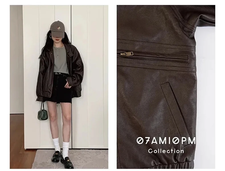 Lautaro Autumn Cool Brown Oversized Leather Jacket Women Drop Shoulder Long Sleeve Zippper High Quality American Retro Clothing