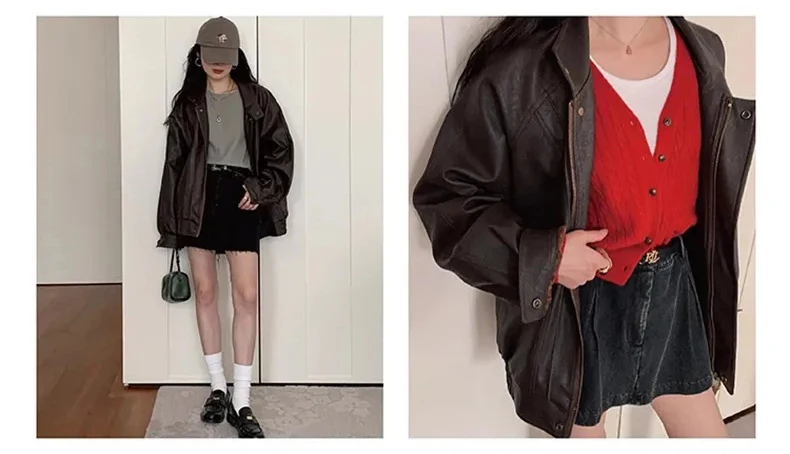 Lautaro Autumn Cool Brown Oversized Leather Jacket Women Drop Shoulder Long Sleeve Zippper High Quality American Retro Clothing