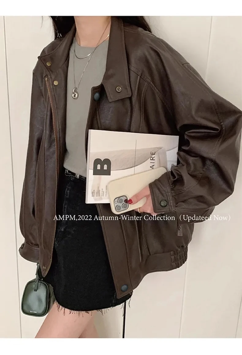 Lautaro Autumn Cool Brown Oversized Leather Jacket Women Drop Shoulder Long Sleeve Zippper High Quality American Retro Clothing