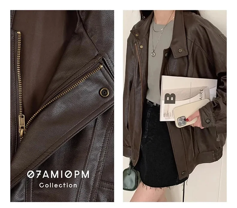 Lautaro Autumn Cool Brown Oversized Leather Jacket Women Drop Shoulder Long Sleeve Zippper High Quality American Retro Clothing