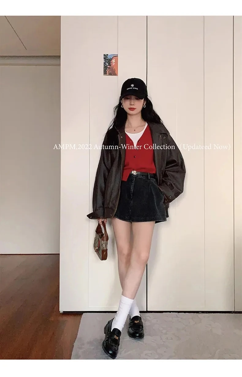 Lautaro Autumn Cool Brown Oversized Leather Jacket Women Drop Shoulder Long Sleeve Zippper High Quality American Retro Clothing