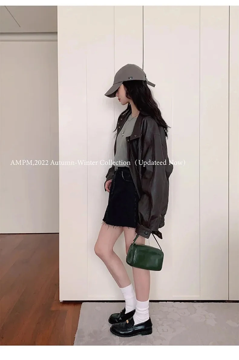 Lautaro Autumn Cool Brown Oversized Leather Jacket Women Drop Shoulder Long Sleeve Zippper High Quality American Retro Clothing