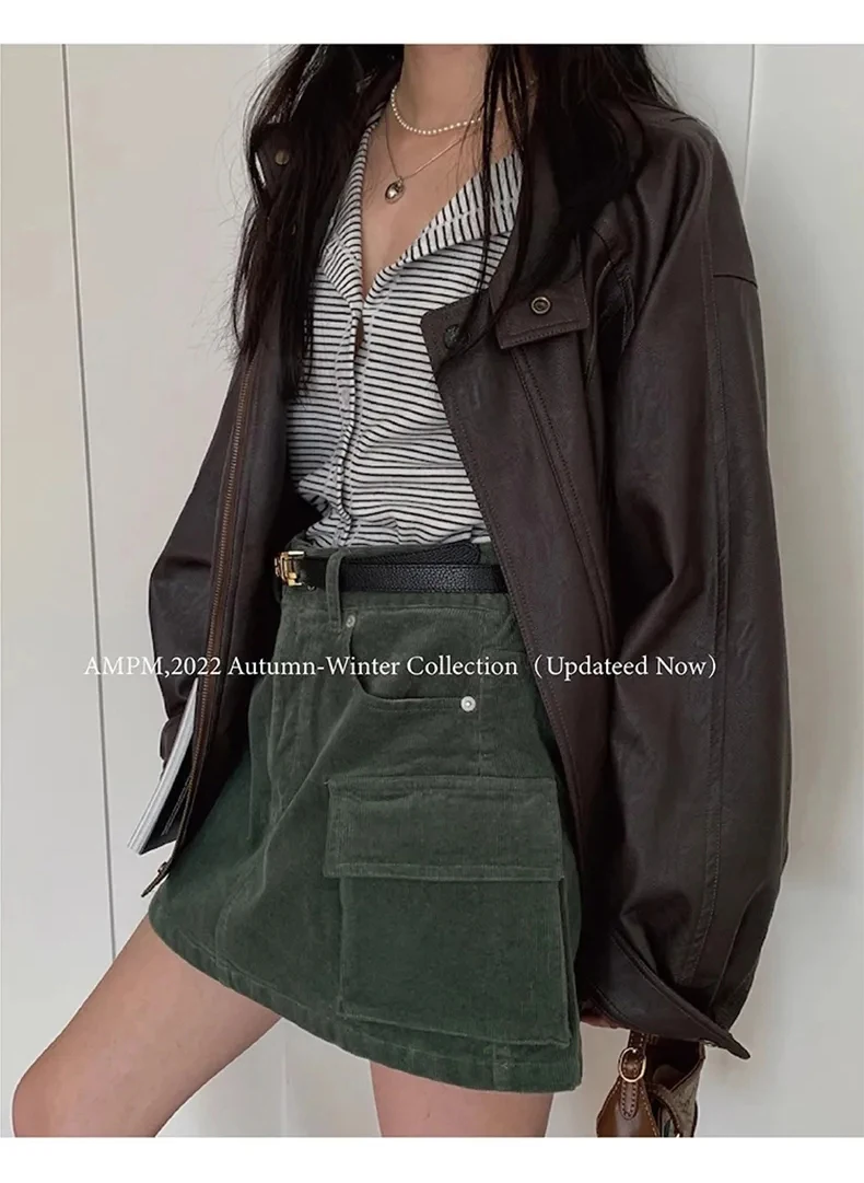 Lautaro Autumn Cool Brown Oversized Leather Jacket Women Drop Shoulder Long Sleeve Zippper High Quality American Retro Clothing