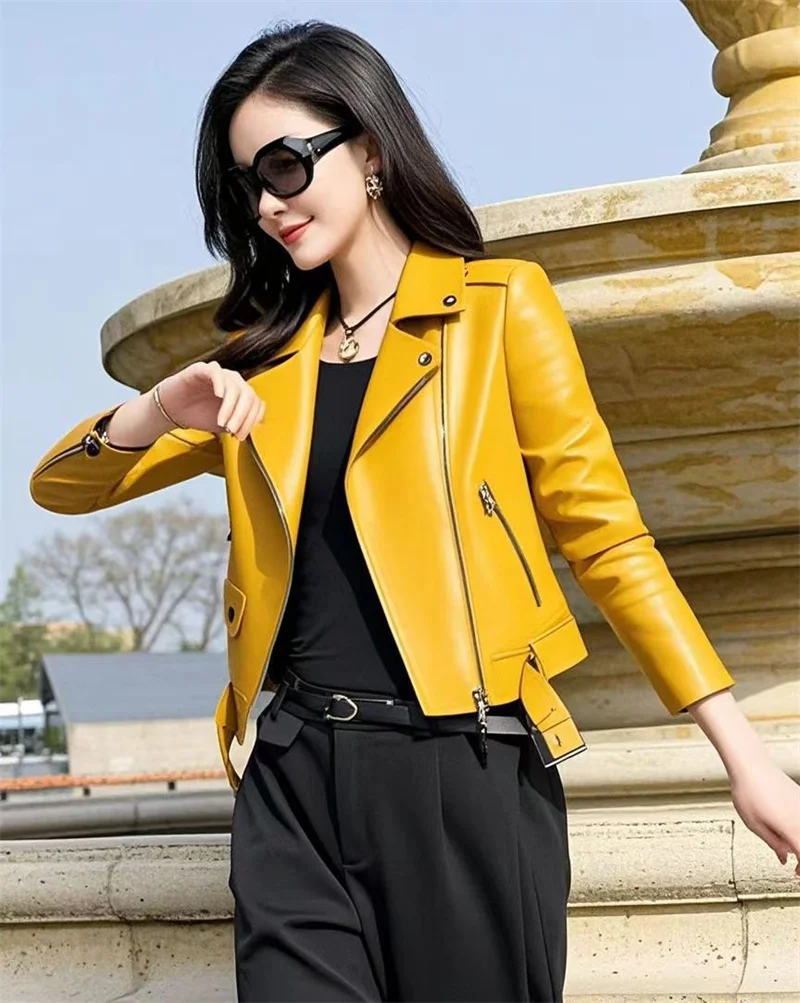 2025 Fashion Women's Short Leather Jacket Small Coat Spring Autumn Slim Moto-biker Outerwear Lady Zip-up PU Leather Coats Korean