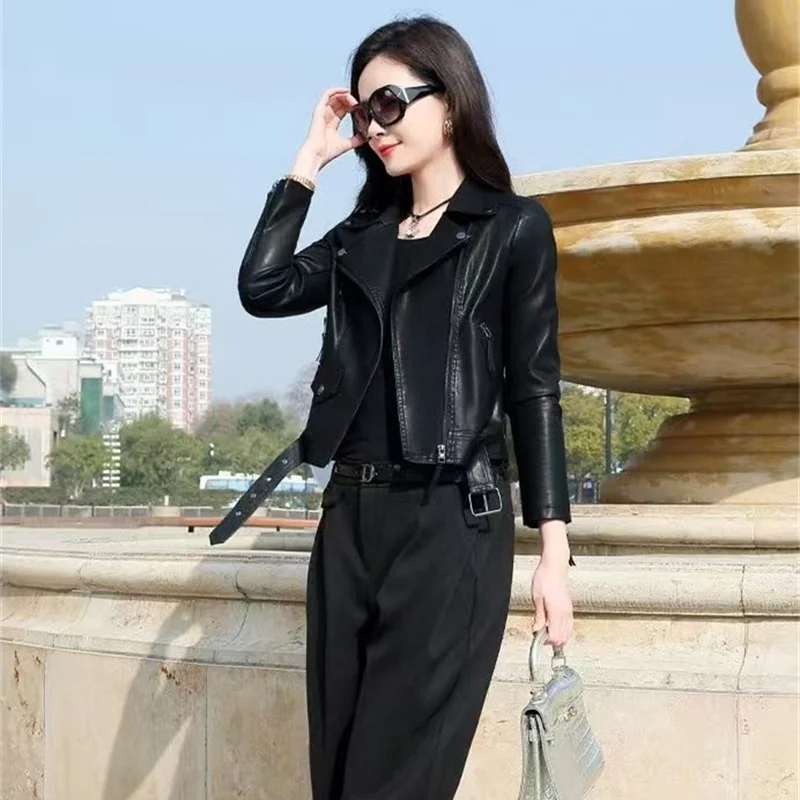 2025 Fashion Women's Short Leather Jacket Small Coat Spring Autumn Slim Moto-biker Outerwear Lady Zip-up PU Leather Coats Korean