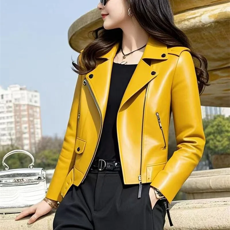 2025 Fashion Women's Short Leather Jacket Small Coat Spring Autumn Slim Moto-biker Outerwear Lady Zip-up PU Leather Coats Korean