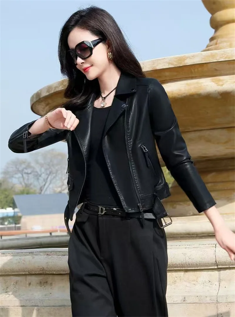 2025 Fashion Women's Short Leather Jacket Small Coat Spring Autumn Slim Moto-biker Outerwear Lady Zip-up PU Leather Coats Korean