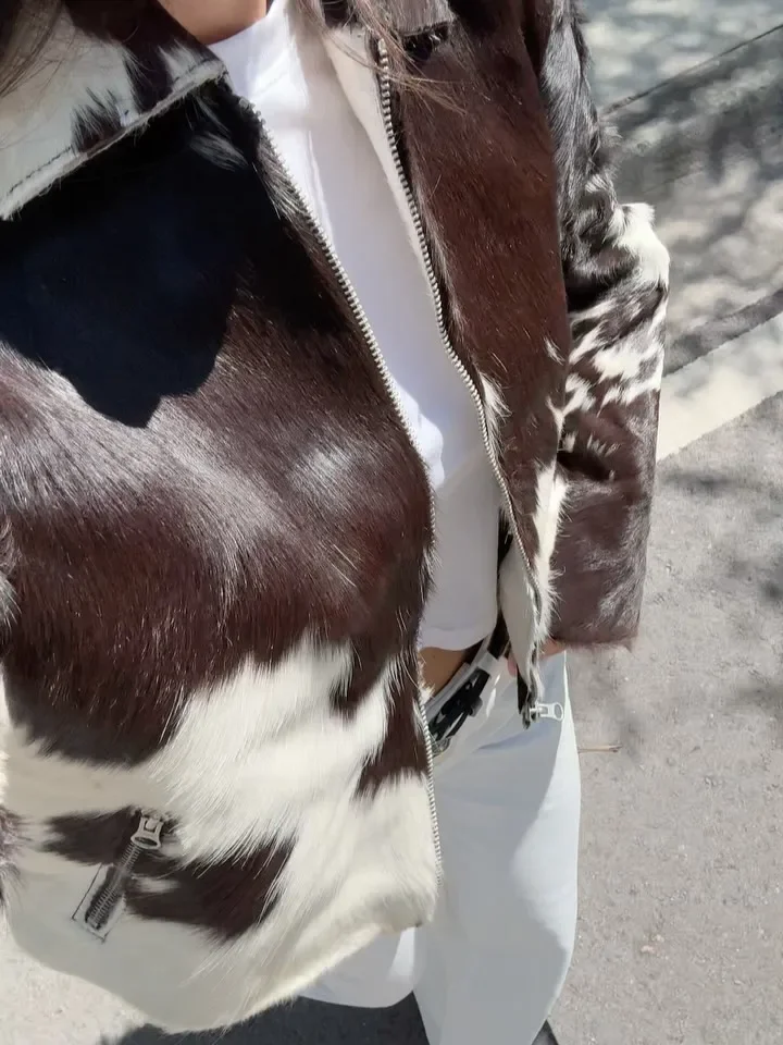 Printed Zipper Short Jacket Women Fashion Loose Pattern Full Sleeve Lapel Pockets Female Coats 2025 Autumn Street Lady Outerwear