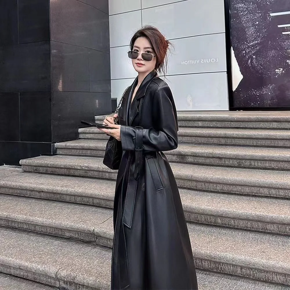 Autumn Black Waterproof Pu Leather Trench Coat for Women Long Sleeve Belt Double Breasted Autumn Designer Fashion