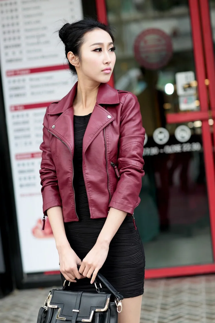 Women Leather Jackets Slim Fit Lapel Zip Up Faux Leather Biker Coat Ladies PU Cropped Top Motorcycle Wear 2022 Fashion Tide