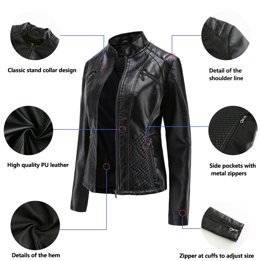 Women Leather Jacket, 2026 Autumn Spring Women's Moto Biker Zipper Jackets Red Black Apricot Coffee Coat Ladies Outerwear S-3XL