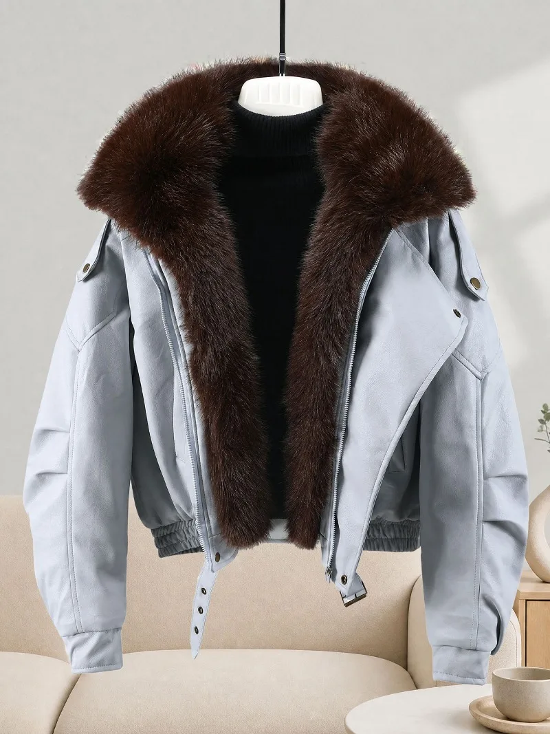New Winter Parkas Women Leather Jacket Big Fur Collar Tooling Cotton Clothes Thicke Warm Cotton Padded Coat Female Outerwear Top