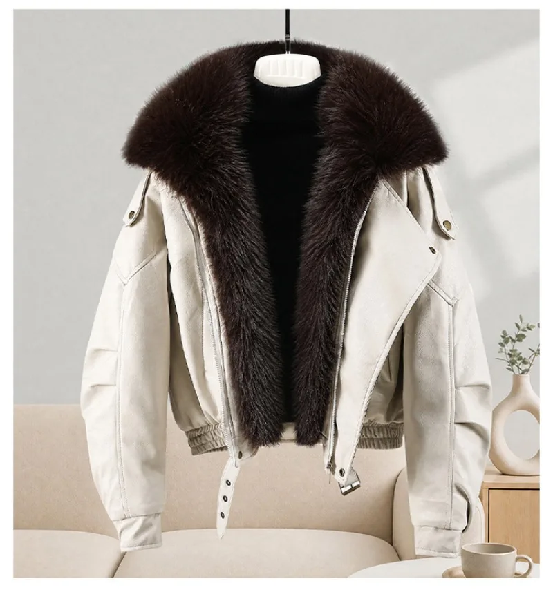 New Winter Parkas Women Leather Jacket Big Fur Collar Tooling Cotton Clothes Thicke Warm Cotton Padded Coat Female Outerwear Top
