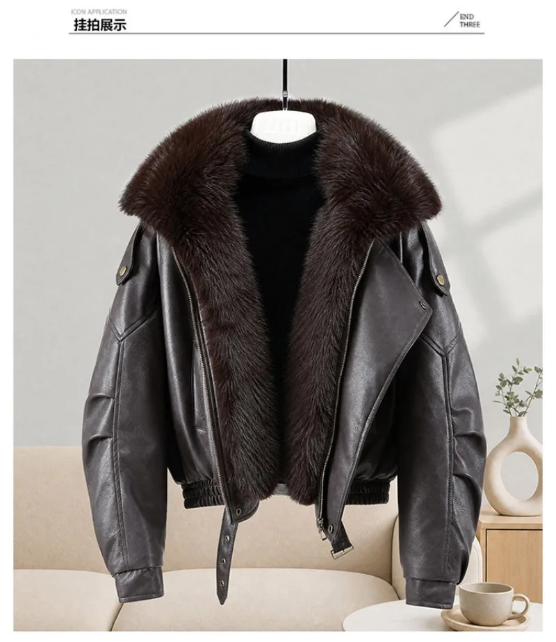 New Winter Parkas Women Leather Jacket Big Fur Collar Tooling Cotton Clothes Thicke Warm Cotton Padded Coat Female Outerwear Top