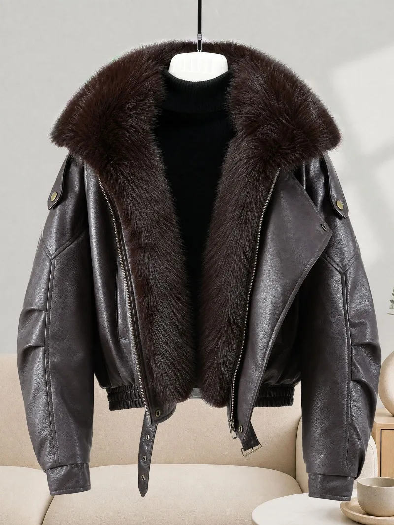 New Winter Parkas Women Leather Jacket Big Fur Collar Tooling Cotton Clothes Thicke Warm Cotton Padded Coat Female Outerwear Top