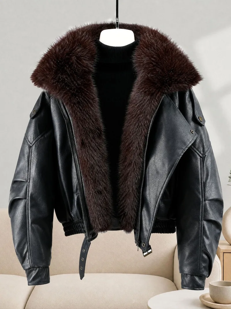 New Winter Parkas Women Leather Jacket Big Fur Collar Tooling Cotton Clothes Thicke Warm Cotton Padded Coat Female Outerwear Top