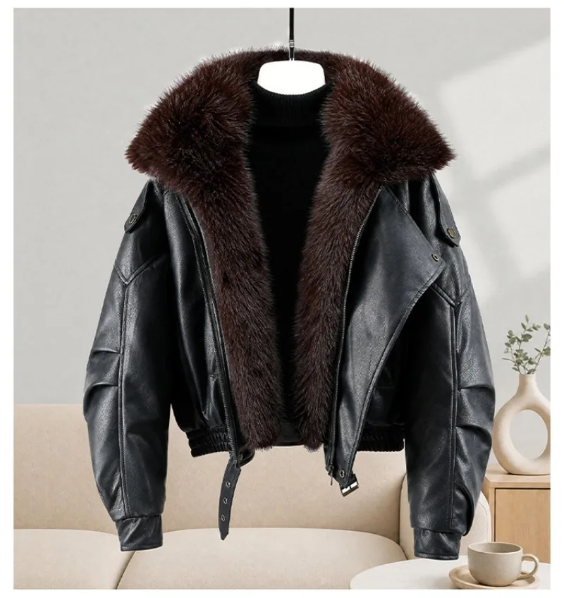 New Winter Parkas Women Leather Jacket Big Fur Collar Tooling Cotton Clothes Thicke Warm Cotton Padded Coat Female Outerwear Top