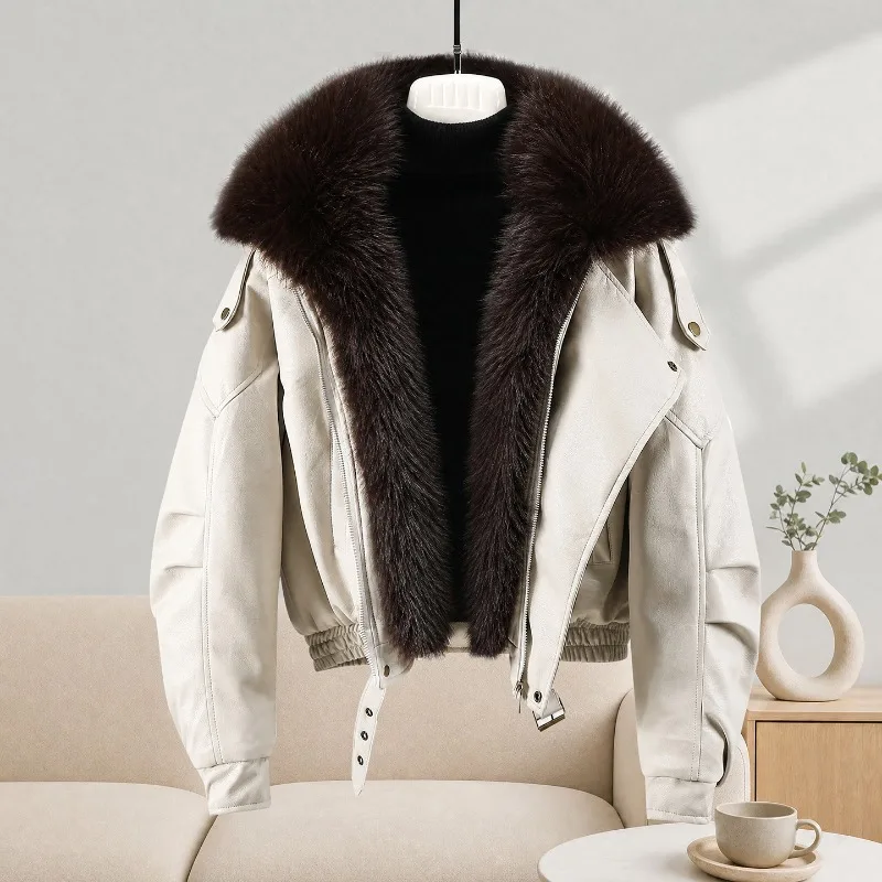 New Winter Parkas Women Leather Jacket Big Fur Collar Tooling Cotton Clothes Thicke Warm Cotton Padded Coat Female Outerwear Top