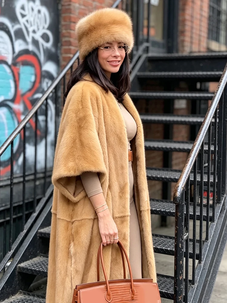Women Faux Fur Maxi Coat Batwing 3/4 Sleeves Open Front Self‑Tie Belt Loose Fit Winter Warm Cape Jacket 2026 Ladies Outerwear