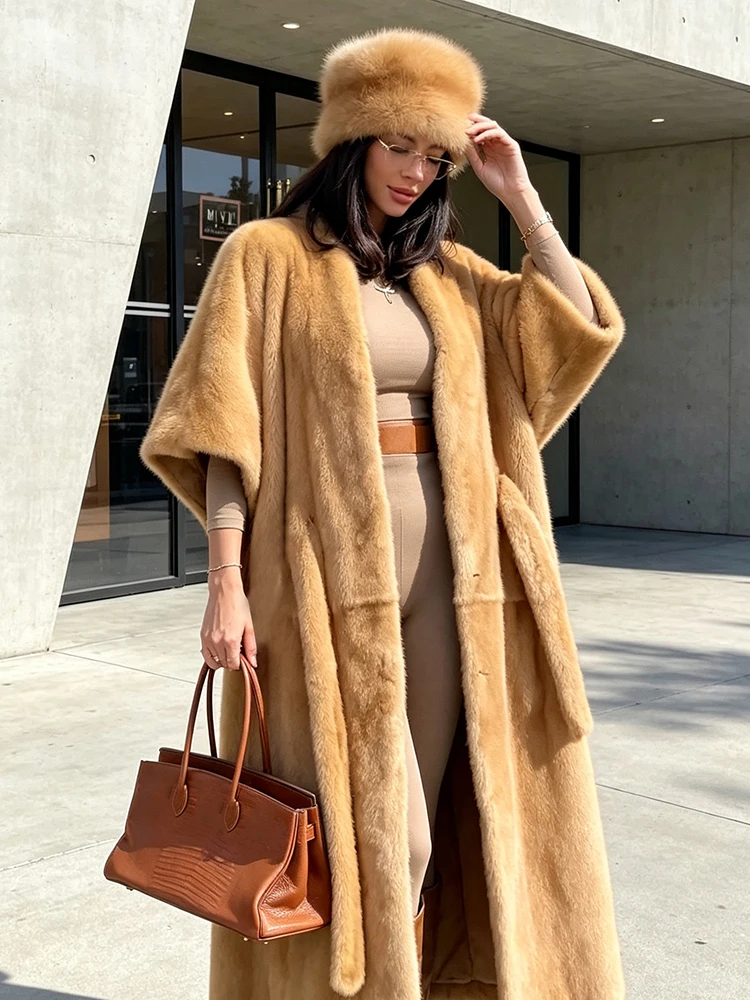 Women Faux Fur Maxi Coat Batwing 3/4 Sleeves Open Front Self‑Tie Belt Loose Fit Winter Warm Cape Jacket 2026 Ladies Outerwear