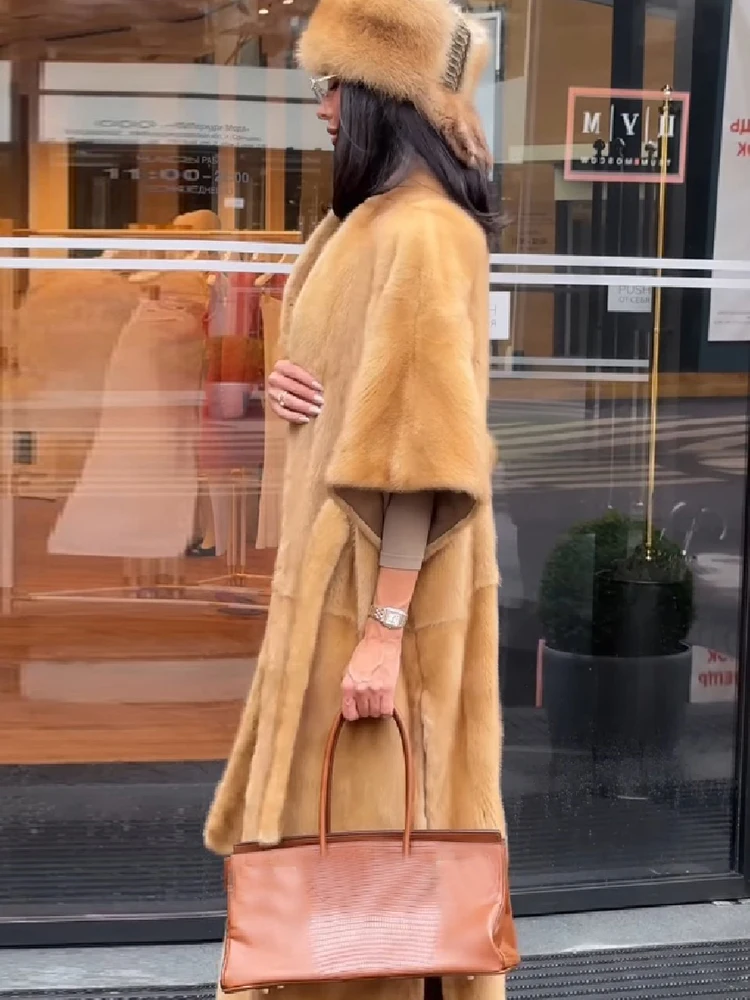 Women Faux Fur Maxi Coat Batwing 3/4 Sleeves Open Front Self‑Tie Belt Loose Fit Winter Warm Cape Jacket 2026 Ladies Outerwear
