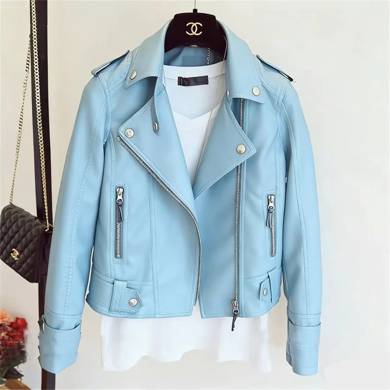 Spring Autumn Slim Lapel Leather Jacket Women Short Pu Leather Jacket Korean Ladies Locomotive Clothing Female Outerwear Tops